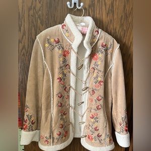 Vtg St Johns Bay XL Suede Leather Coat Embroidered Toggle Phoebe Friends Sherpa